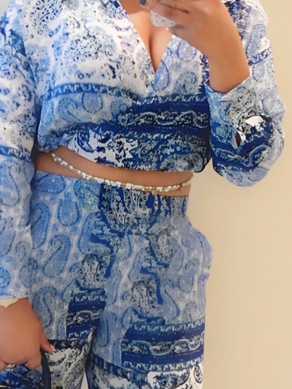 Zara  two piece set Blue & White Paisley-Print Wide Leg Pants and top